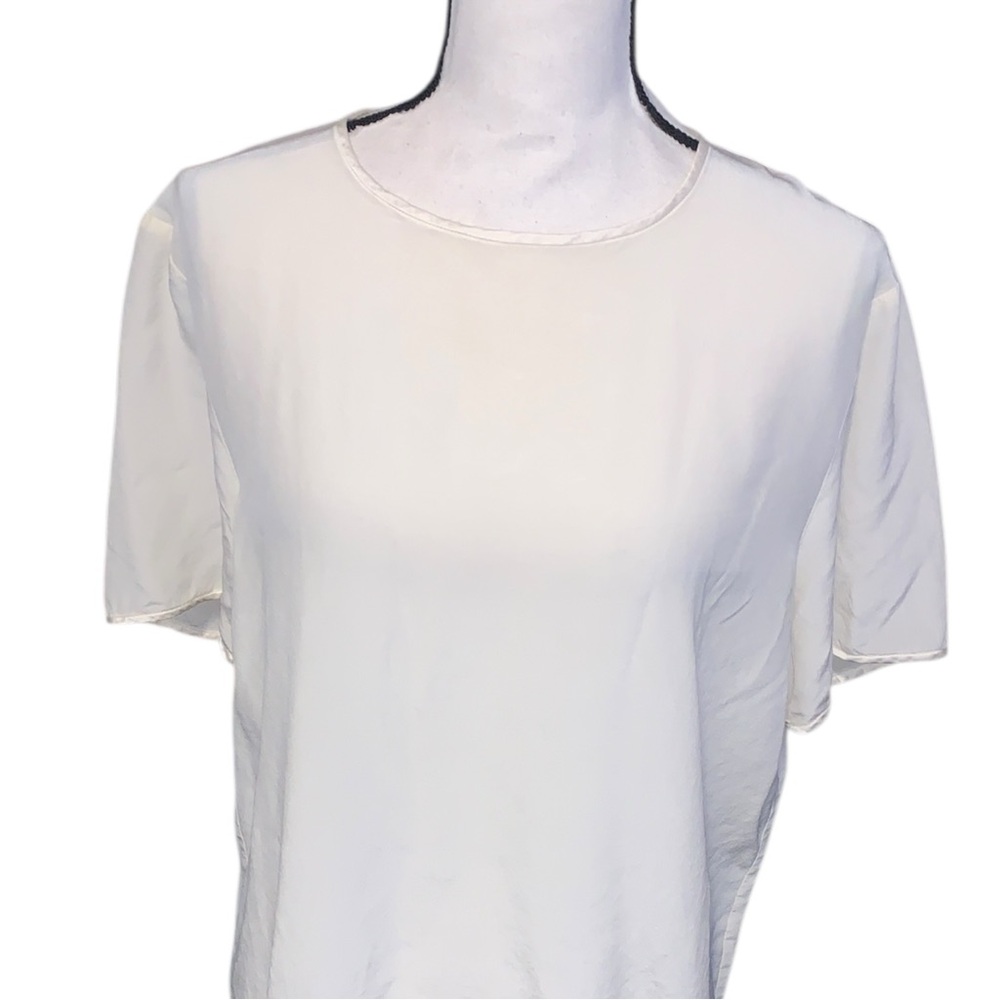Tess Vintage 100% Silk Cream Blouse Satin Trim Short Sleeve